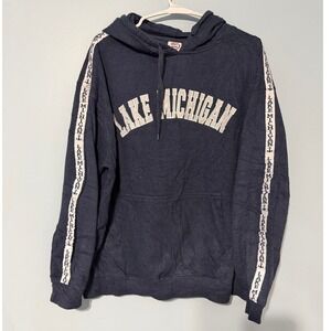 Crazy Apparel Men's L Lake‎ Michigan Hoodie Navy Blue Nautical Sleeve Tape 0950